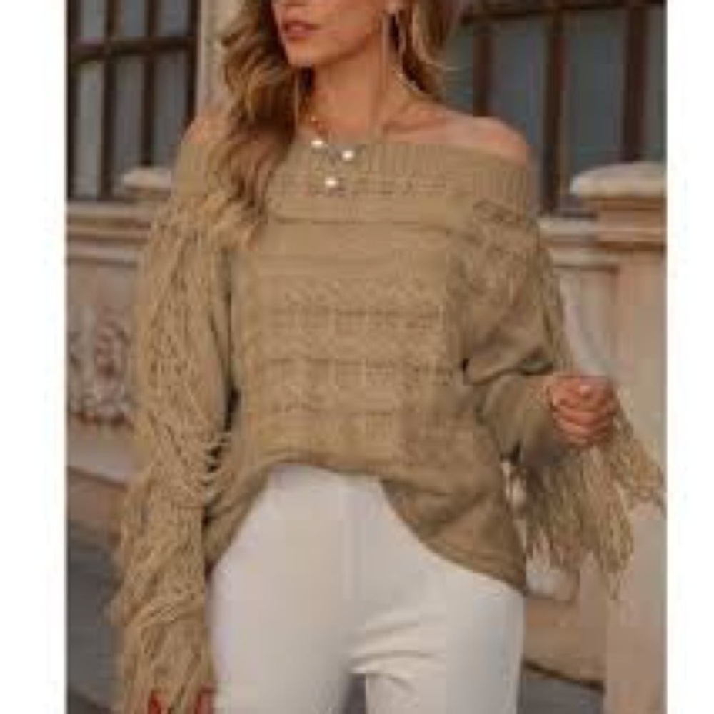 Western Tassel Sleeve Off Shoulder Pullover Sweater NWT - Picture 6 of 7